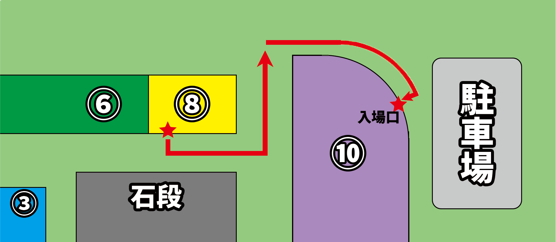当日券受付（8番付近）から入場口までの導線。赤い矢印に沿って右へ進み、カーブを回って入場口へ。